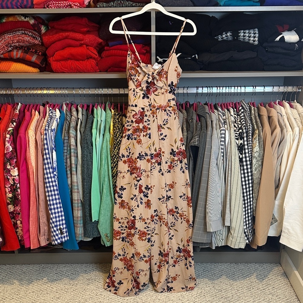 Xhilaration tan/brown/navy floral smocked back adjustable strap jumpsuit XS NWT